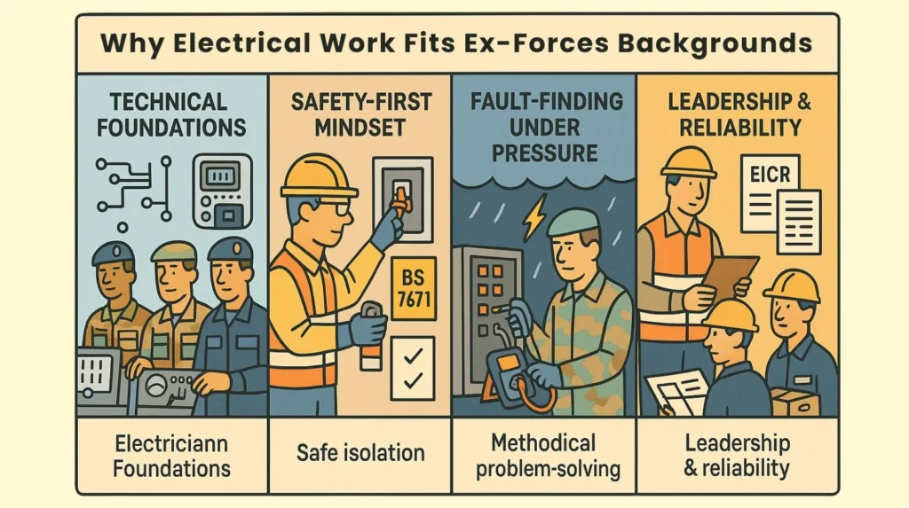 Infographic showing why ex-forces personnel make exceptional electricians technical skills, safety mindset, fault-finding under pressure, and strong leadership