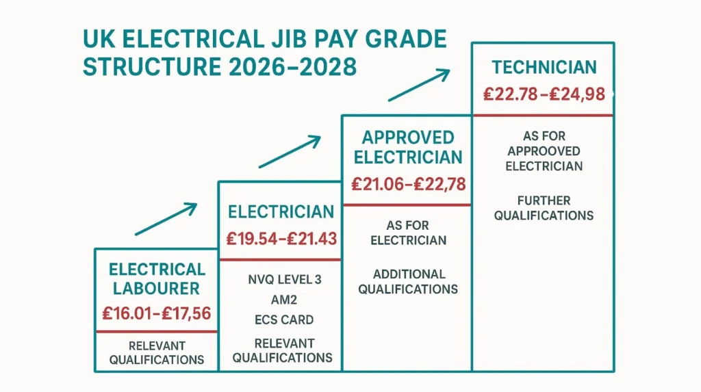 JIB pay grade structure diagram showing Electrical Labourer, Electrician, Approved Electrician, and Technician rates for 2026-2028