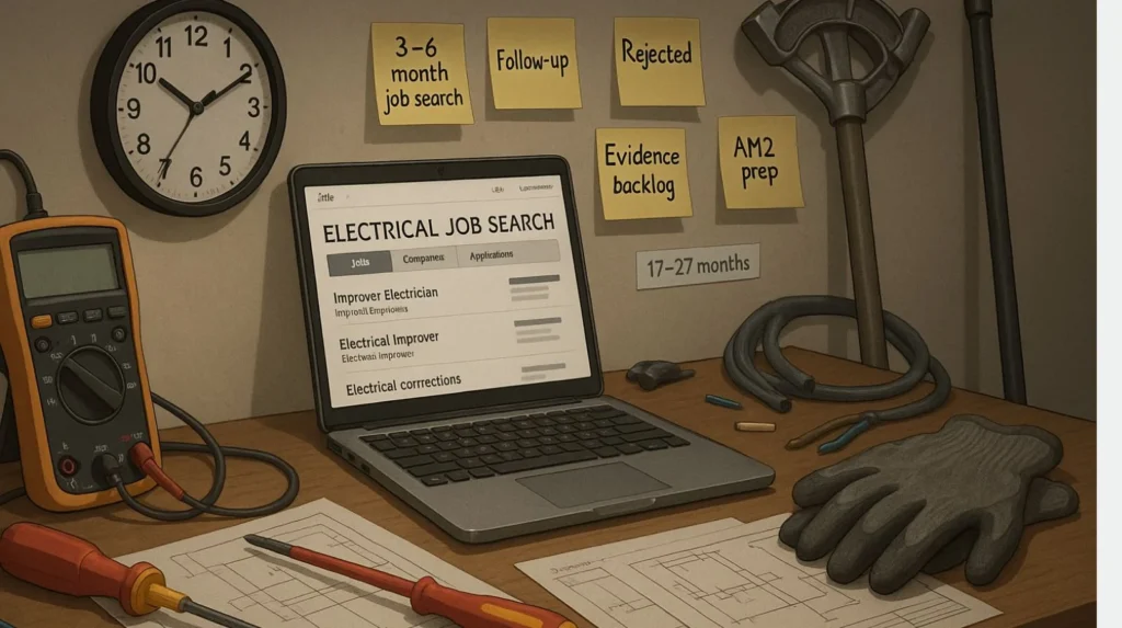 Late-night electrician workspace with job-search laptop, tools, sticky notes, and a wall clock
