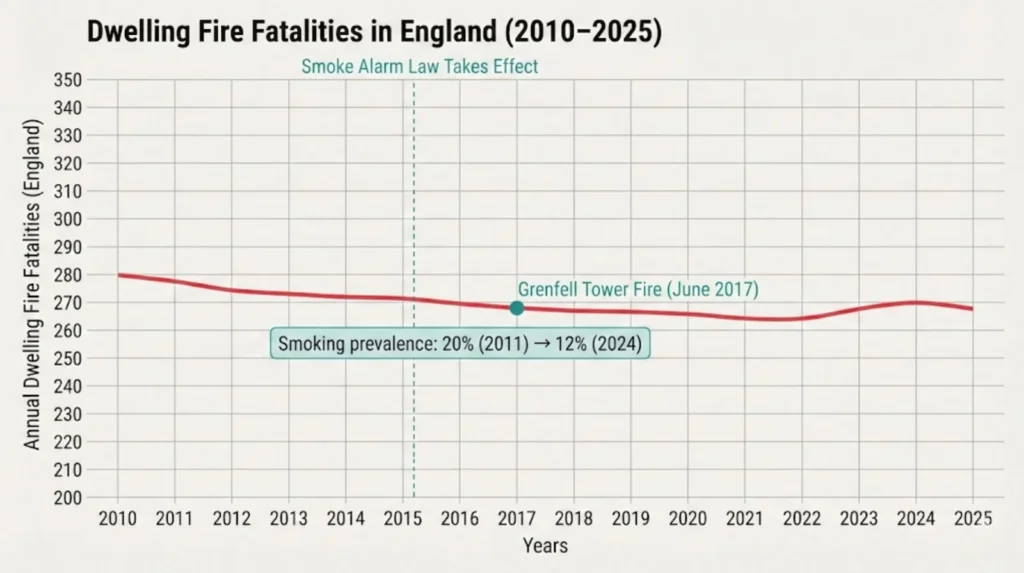Line chart showing annual dwelling fire fatalities in England from 2010 to 2025, with a gradual decline, a marker for the 2015 smoke alarm law, and a highlighted point for the 2017 Grenfell Tower fire.