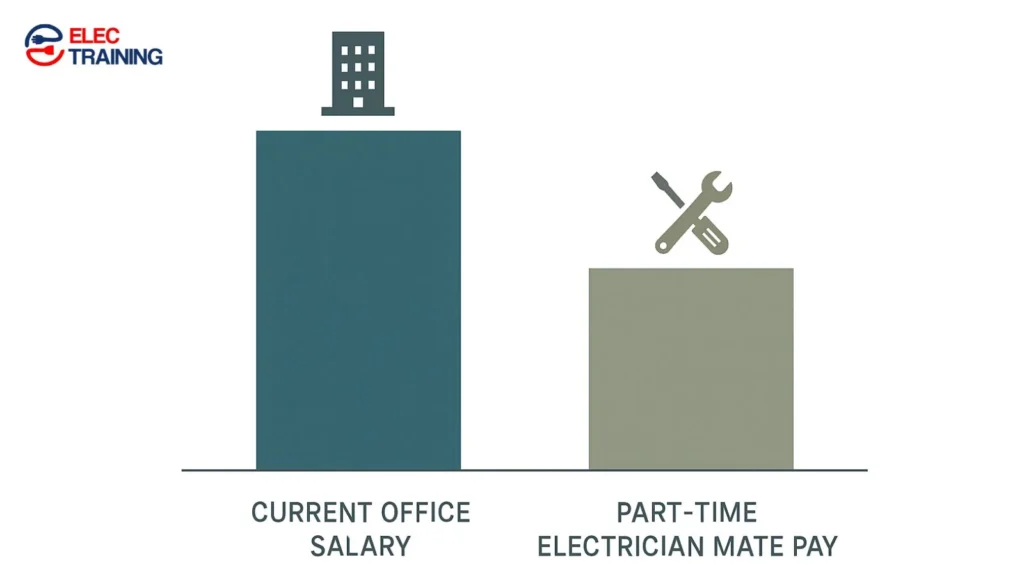 Minimalist bar chart comparing current office salary vs part-time electrician mate pay