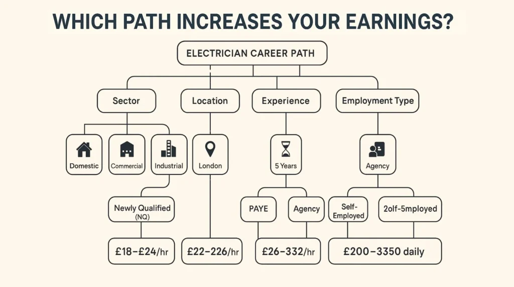 Minimalist electrician career path graphic showing sectors, locations, experience, employment types, and earnings.
