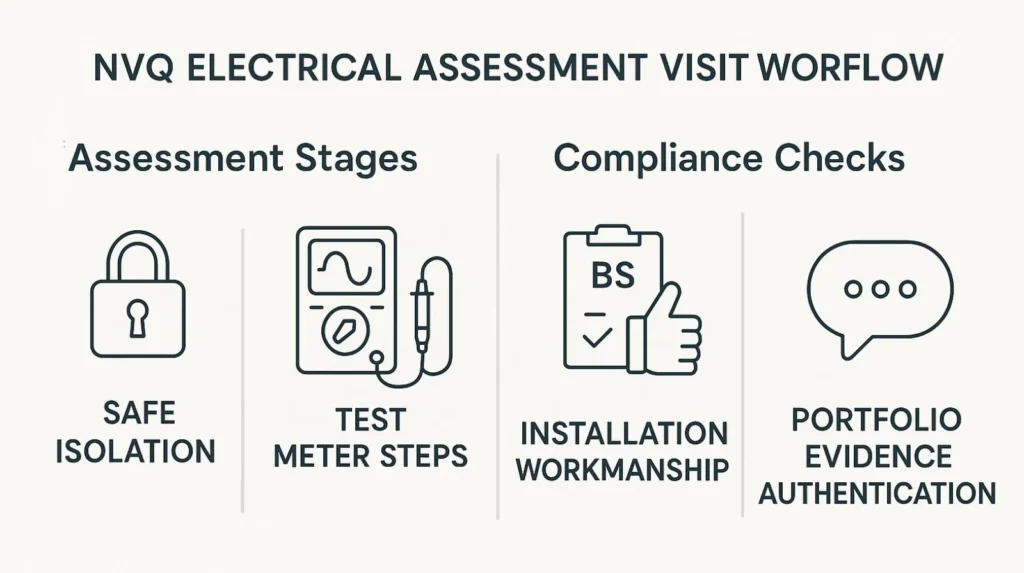 NVQ electrical assessment workflow showing safe isolation, test meter steps, installation workmanship, and portfolio evidence checks