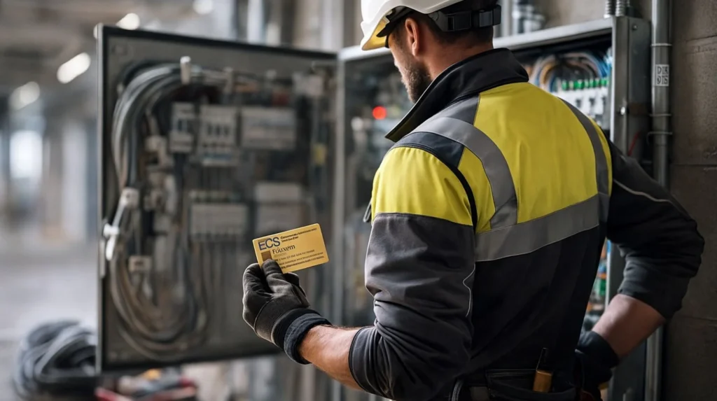 Qualified electrician holding ECS Gold Card after successfully completing either NVQ 2357 or EWA 2346 route based on experience level