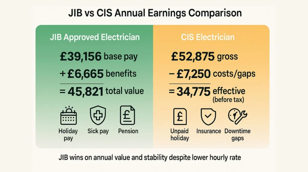 Side-by-side comparison infographic showing JIB total package value versus CIS effective annual earnings after costs