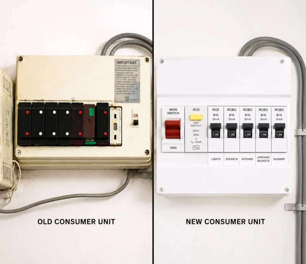 Side-by-side comparison of an old consumer unit and a modern electrical fuse board after an upgrade