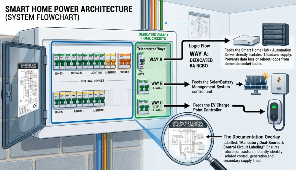 Smart home power architecture diagram showing an electrical panel with dedicated circuits for automation, solar, battery storage, and EV charging.
