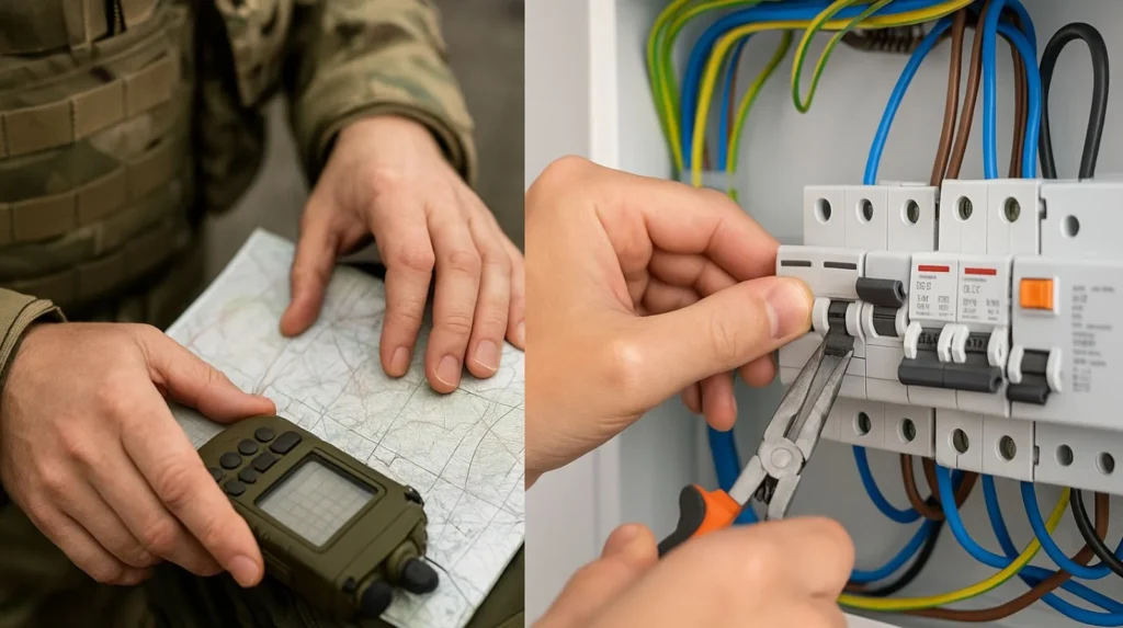 Split image of ex-forces soldier using a tactical map and electrician wiring a UK consumer unit