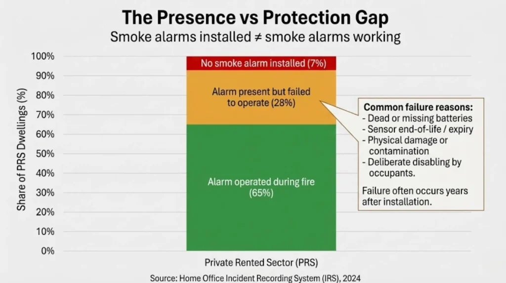 Stacked bar chart showing smoke alarm outcomes in private rented homes: 65% operated during a fire, 28% were present but failed, and 7% had no alarm installed.