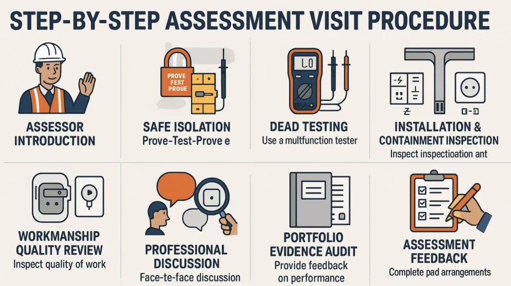 Step-by-step NVQ electrical assessment visit procedure