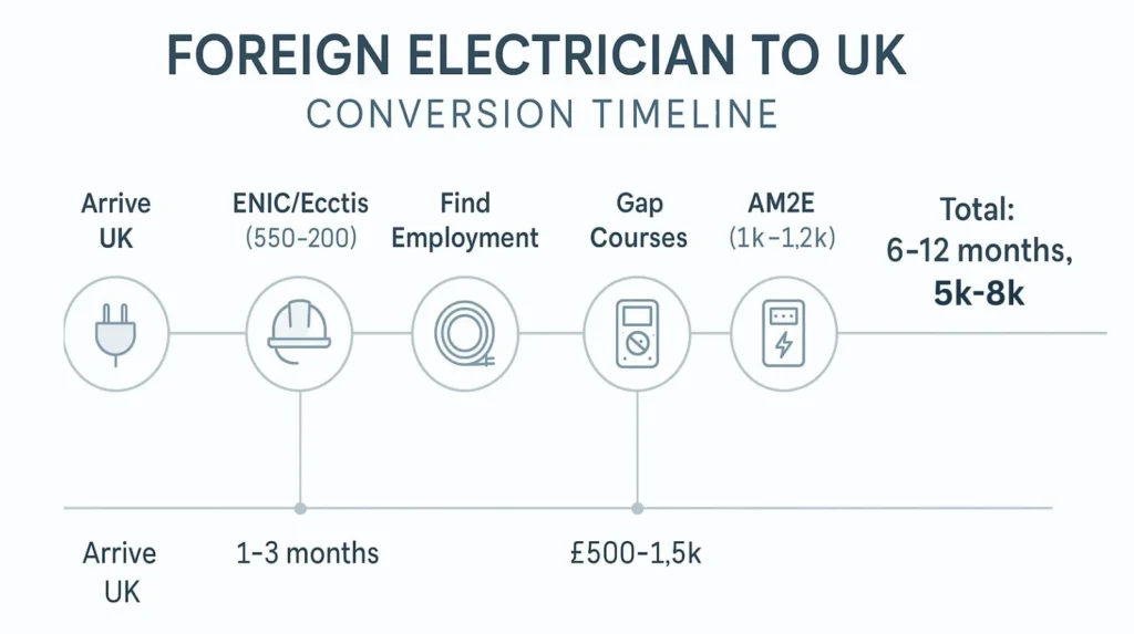 Timeline diagram showing foreign electrician conversion process stages, costs, and typical durations
