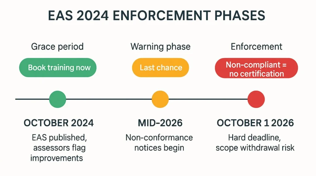 Timeline showing EAS 2024 enforcement progression from October 2024 through October 2026 hard deadline