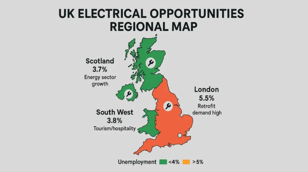 UK regional map showing unemployment rates and electrical job opportunities by region
