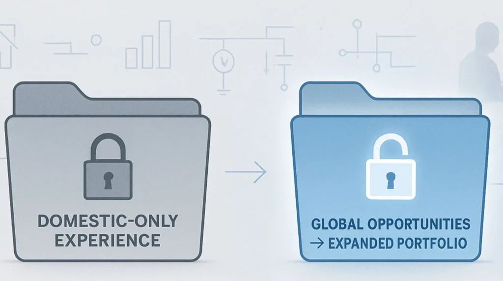 comparing a locked “Domestic-Only Experience” folder with an unlocked glowing “Expanded Portfolio” folder to show NVQ portfolio gaps
