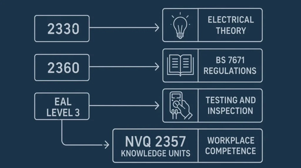 diagram mapping 2330, 2360, and EAL Level 3 to NVQ 2357 knowledge units using simple line icons and arrows