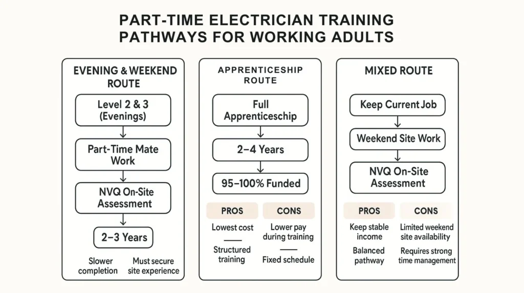 diagram showing three routes for working adults to become qualified electricians whilst maintaining employment