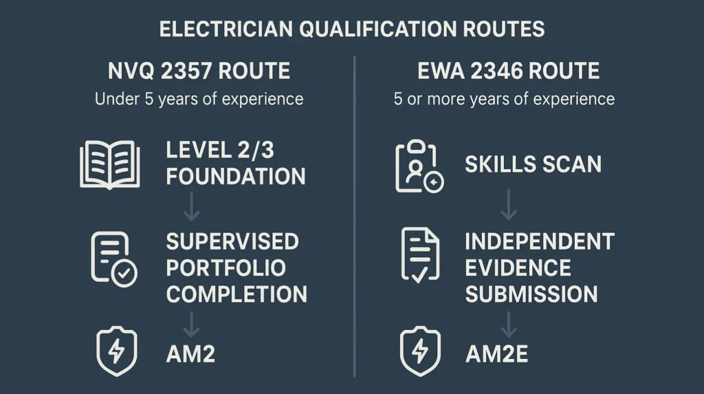 infographic comparing the NVQ 2357 and EWA 2346 electrician qualification routes in the UK