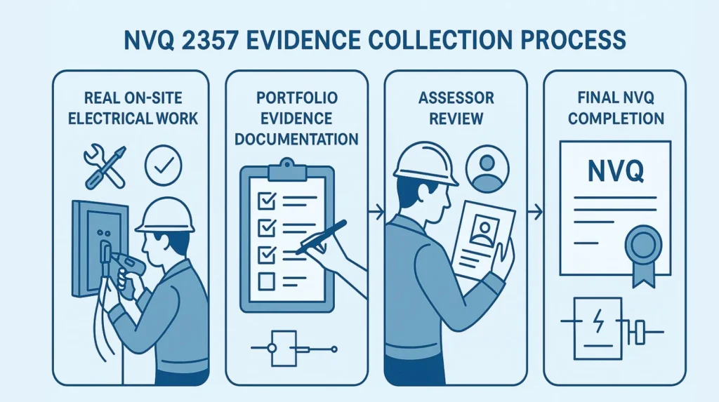 infographic showing the four-step NVQ 2357 evidence collection process, with tools, clipboard, and circuit icons and no visible faces