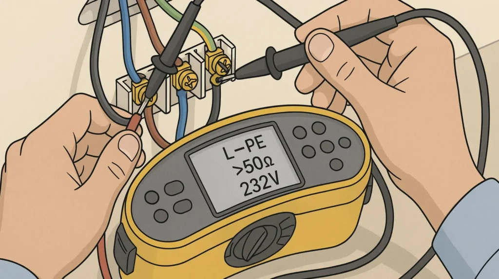 multifunction electrical tester on wiring terminals, with probes touching live and earth conductors