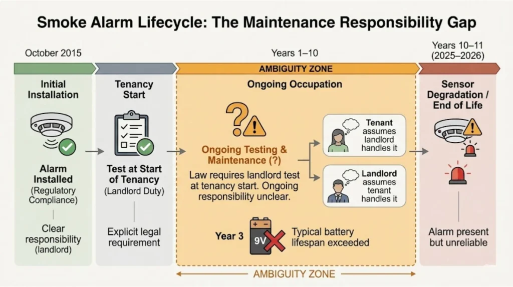 Smoke alarm lifecycle from installation to end of life, highlighting unclear responsibility for testing and maintenance during ongoing tenancy.