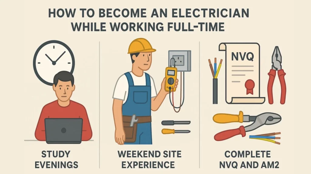steps to become an electrician while working full-time evening study, weekend site experience, and completing NVQ and AM2