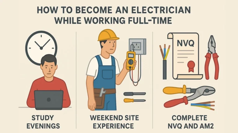 steps to become an electrician while working full-time evening study, weekend site experience, and completing NVQ and AM2