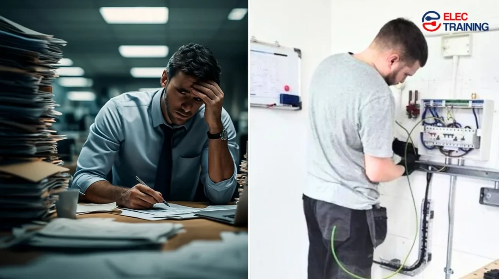 stressed office worker and confident trainee electrician