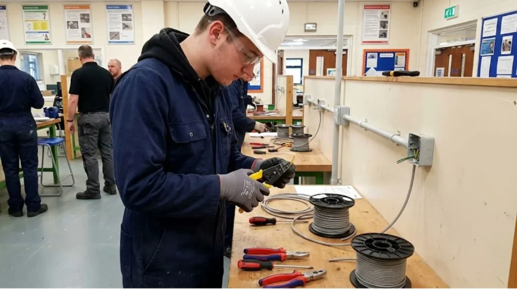 Adult electrical trainee stripping cable at a workbench during hands-on training.