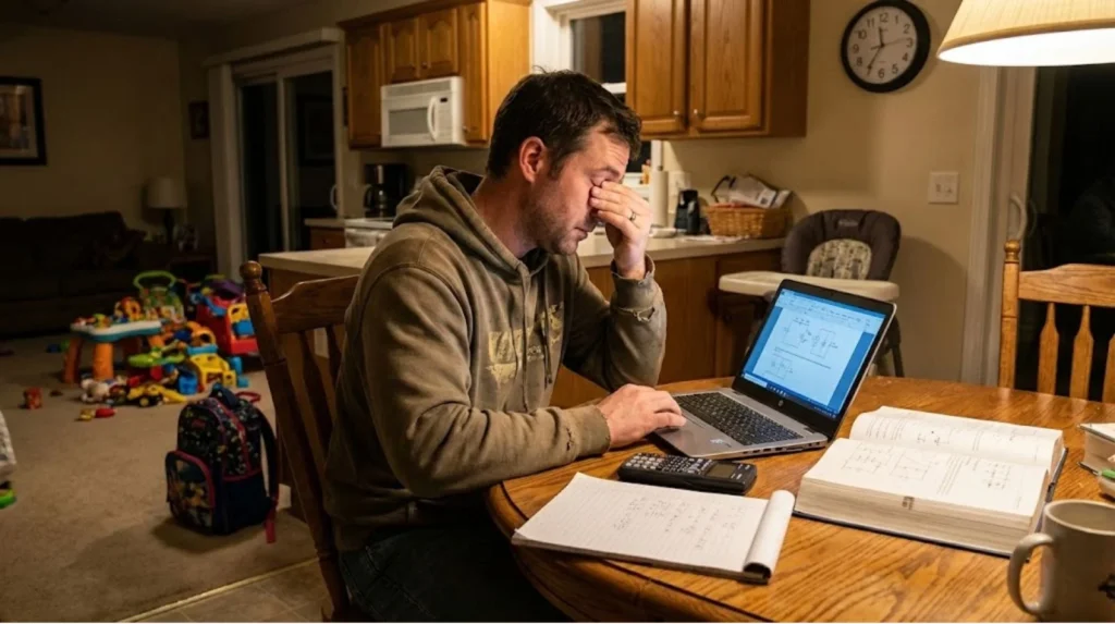 Adult learner studying electrical training materials at home after work showing challenge of balancing family responsibilities with part-time qualification pathway