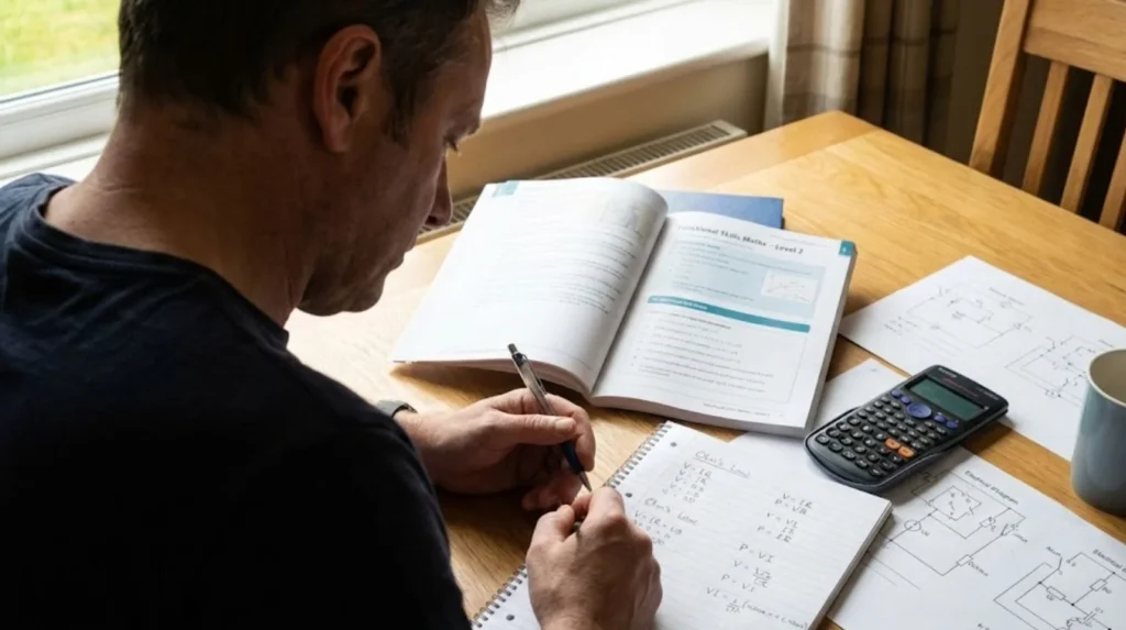 Adult learner studying maths and electrical calculations showing Functional Skills Level 2 pathway without GCSEs