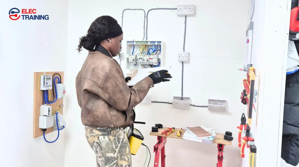 Adult woman learner reviewing installation notes while working on an electrical training board in a workshop.