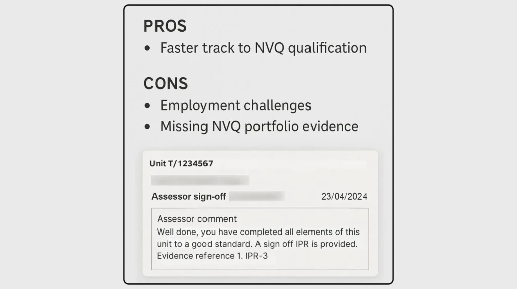 An anonymised NVQ portfolio unit example showing assessor sign-off and comments beneath a list of pros and cons.