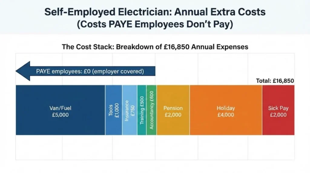 Annual cost breakdown showing £16,850 in business expenses self-employed electricians pay that employed electricians don't