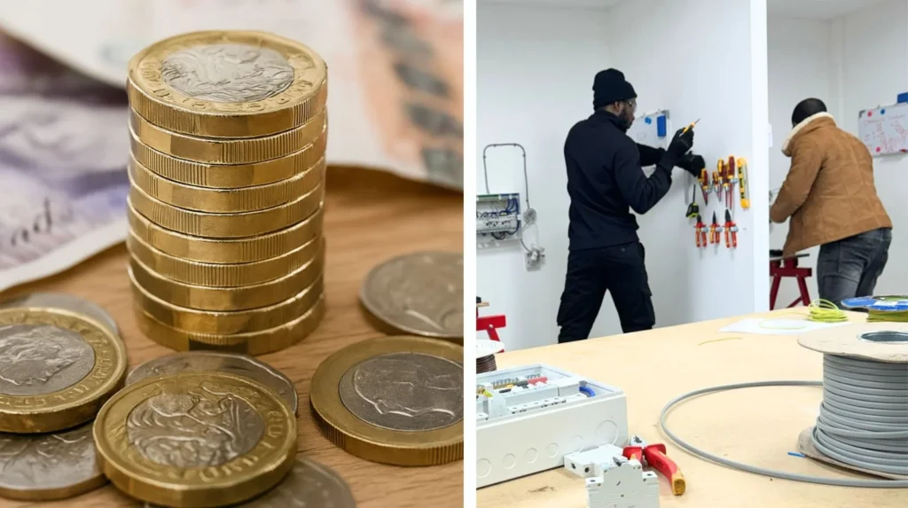 Apprenticeship levy funds alongside electrical training workshop showing practical skills development