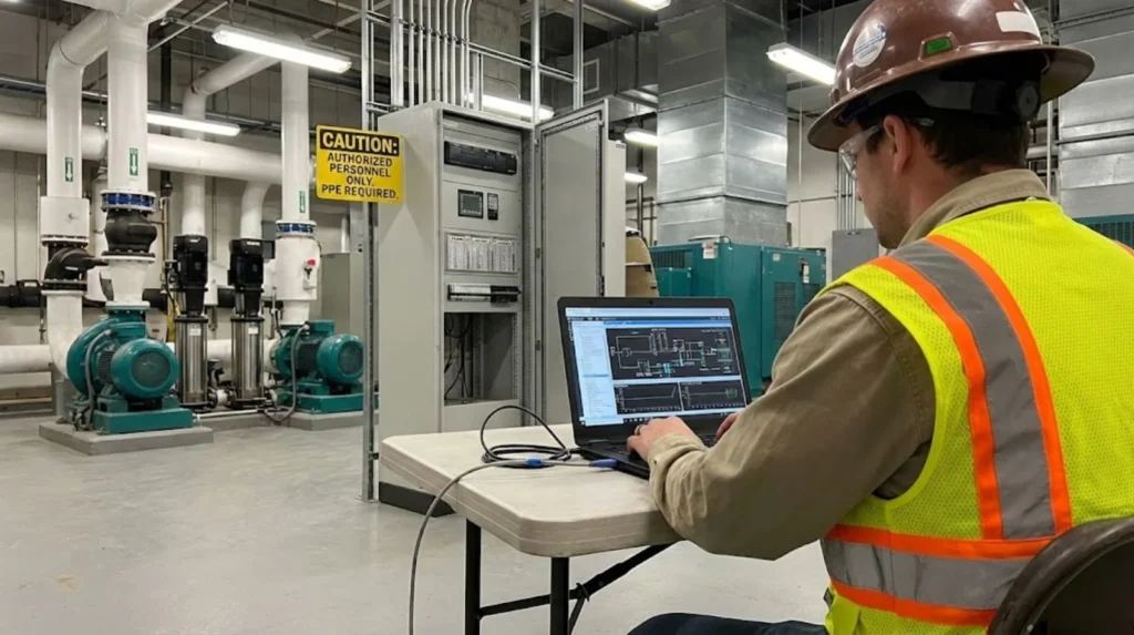 BMS engineer using a laptop to monitor and commission building systems inside a plant room.
