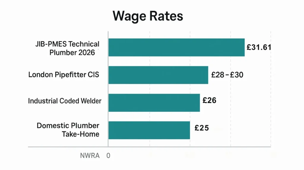 Bar chart comparing JIB-PMES Technical Plumber rate (£21.61) with London pipefitters (£28-£30), industrial welders (£32), and domestic plumbers (£25-£40 take-home)