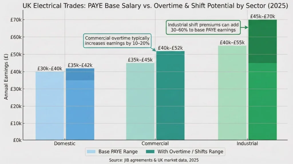 Bar chart comparing PAYE electrician salaries by sector domestic £30k-£40k base, commercial £35k-£45k, industrial £40k-£55k, with overtimeshift premiums reaching £42k, £52k, and £70k+ respectively