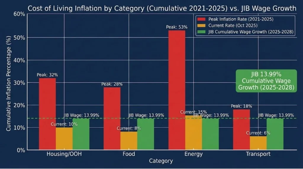 Bar chart comparing cumulative inflation 2021-2025 across major spending categories showing housing 30_+, food 25-30_, energy 53_, transport 15-20_ against JIB wage growth of 13.99_