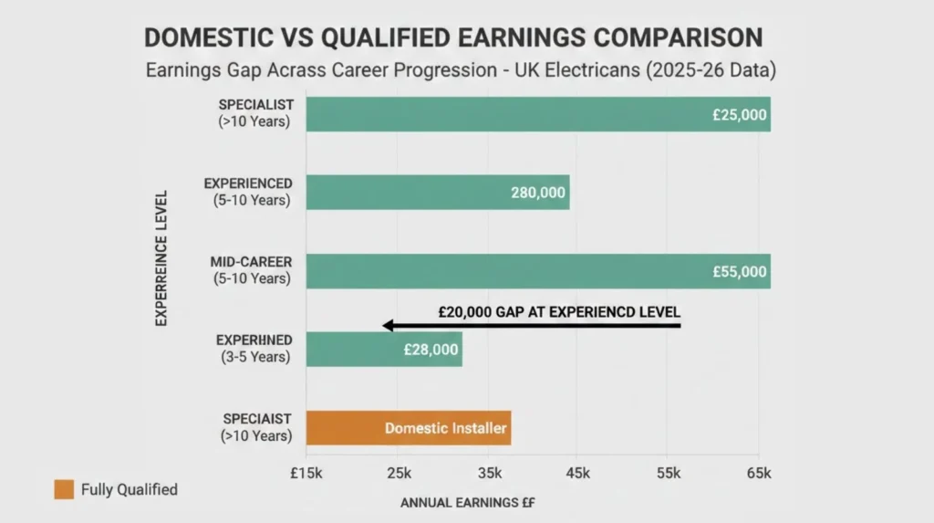 Bar chart comparing domestic installer versus fully qualified electrician earnings across career progression levels