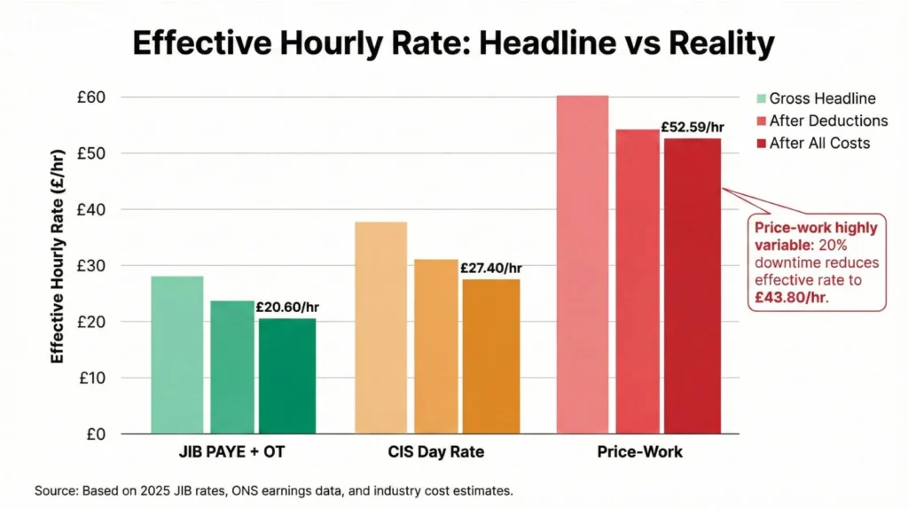 Bar chart comparing effective hourly rates for JIB PAYE, CIS day rate, and price-work models after accounting for deductions and business costs