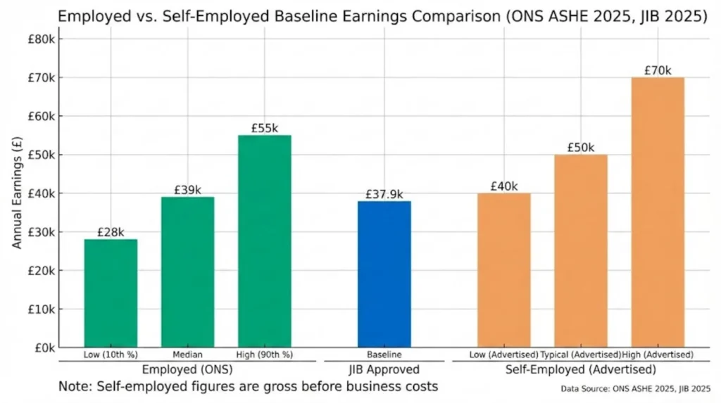 Bar chart comparing employed electrician median earnings from ONS data against JIB rates and self-employed advertised gross figures