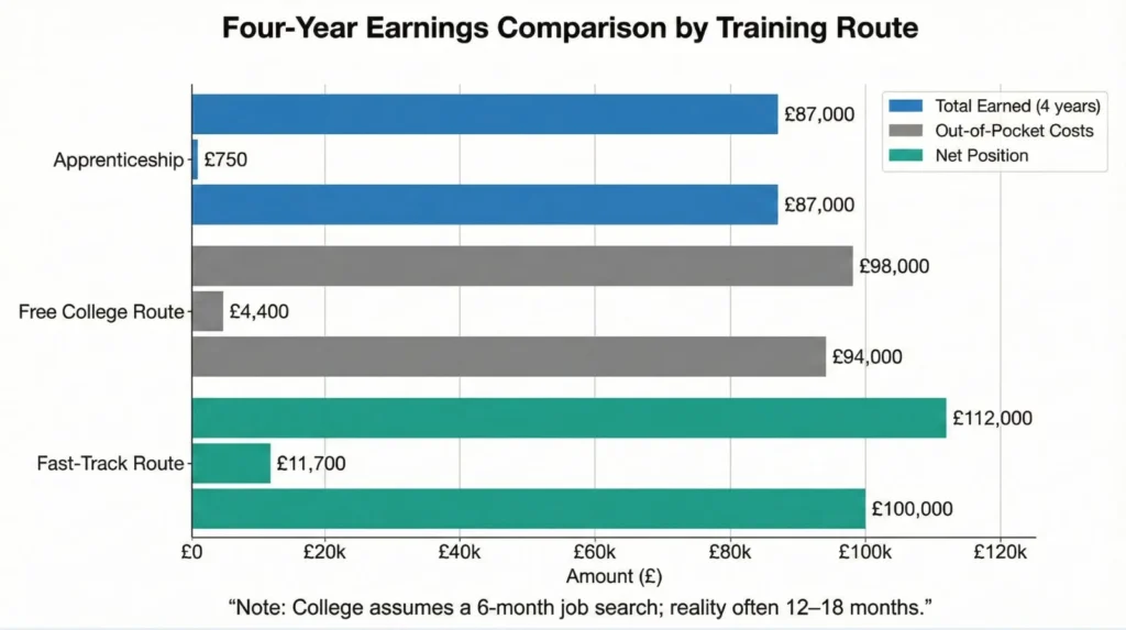 Bar chart comparing four-year earnings for three electrician training routes - Apprenticeship, Free College Route, and Fast-Track Route—showing total earnings, out-of-pocket costs, and net position in pounds.