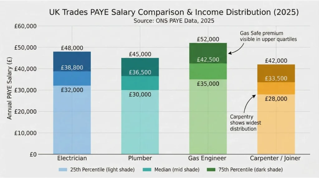 Bar chart comparing median PAYE salaries for electricians (£38.8k), plumbers (£35-38k), gas engineers (£40-45k), and carpenters (£32-35k) with 25th-75th percentile ranges showing distribution differences