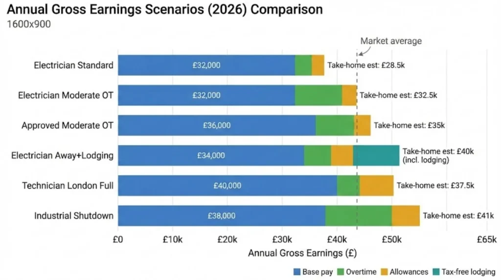 Bar chart comparing six electrician earnings scenarios from £33k standard week to £61k London Technician showing impact of overtime, lodging, and grade progression
