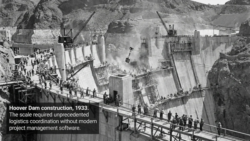 Black-and-white photo of Hoover Dam under construction in 1933, showing workers and large-scale scaffolding