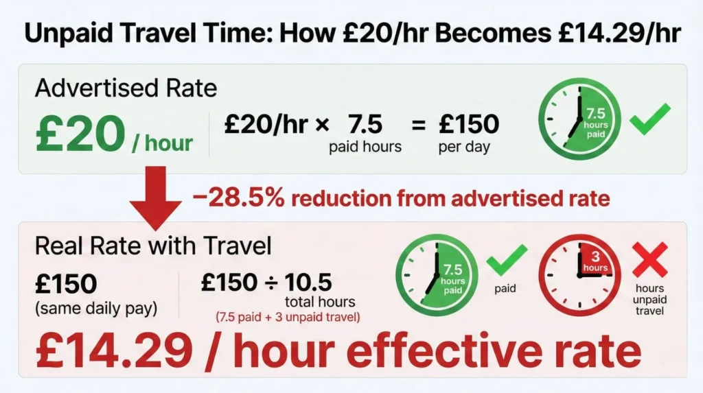 Calculation diagram showing electrician advertised rate of £20/hr becomes effective £14.29/hr when 3 hours daily unpaid travel included in total time, representing 28.5% reduction