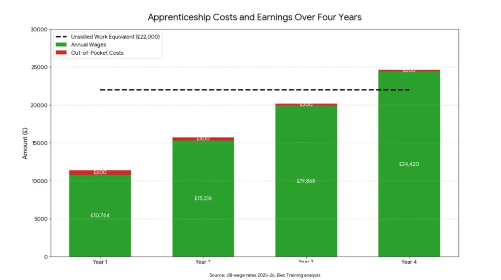 Chart showing apprentice electrician wages and out-of-pocket costs over four years compared to unskilled work earnings