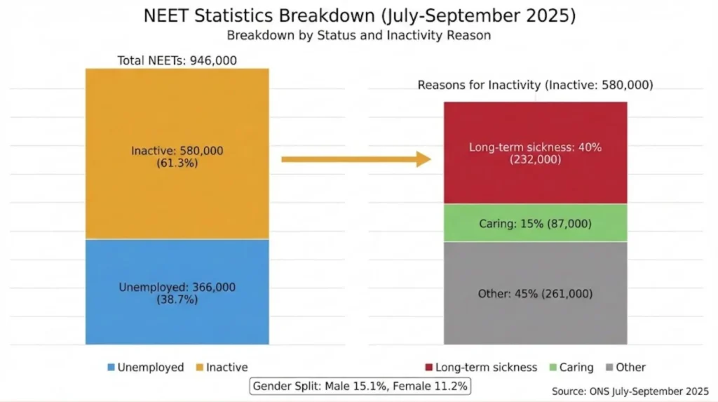 Chart showing breakdown of 946,000 UK NEETs by employment status and reasons for inactivity including mental health