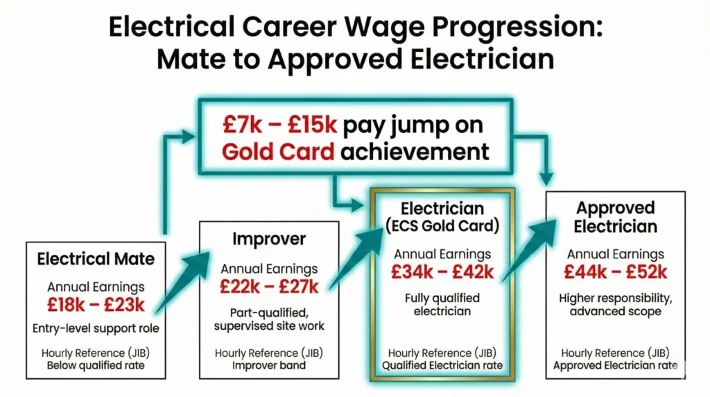 Chart showing electrical wage progression from mate to approved electrician, highlighting pay increases after ECS Gold Card