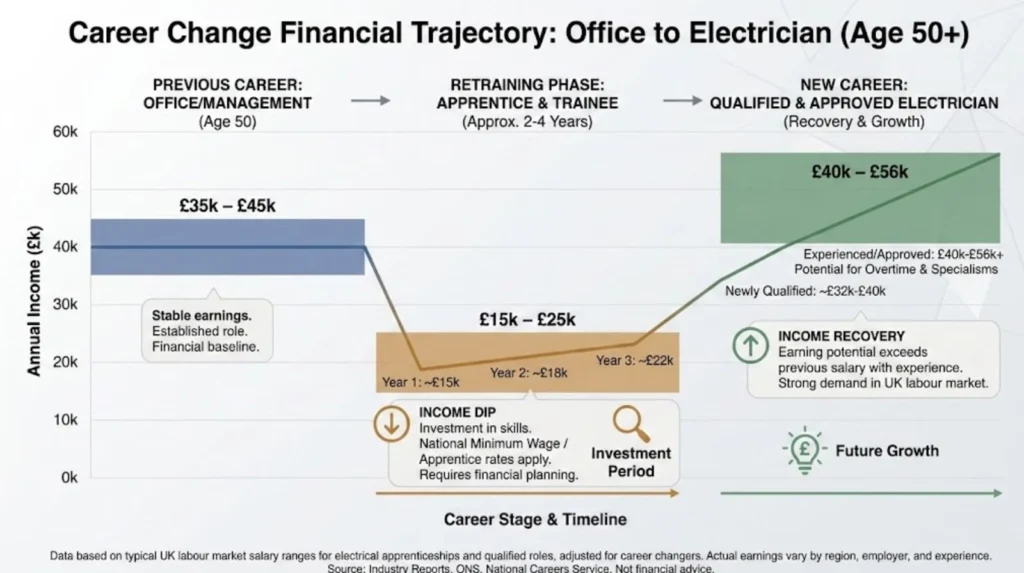 Chart showing the financial trajectory of a career change from office work to qualified electrician at age 50+, including income dip during retraining and higher earnings after qualification.